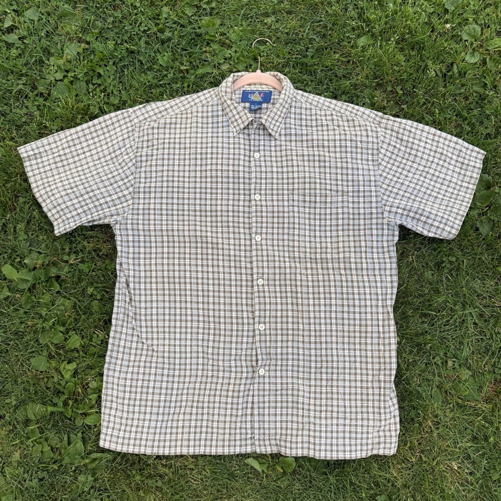 U.S. Expedition Button Up Shirt L Brown Plaid Short Sleeve Cotton Gorpcore